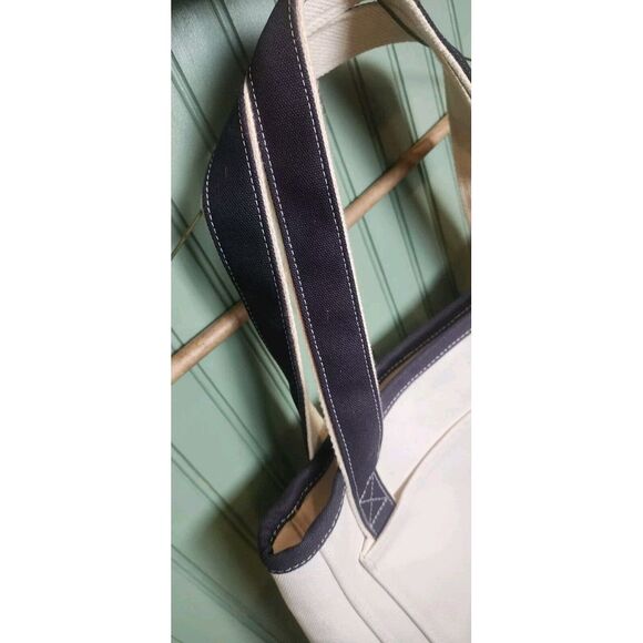 Lands End Canvas Tote 14x15x5‎ White Bag Tan Blue Logo & Trim Shopper Beach EUC - Picture 4 of 8